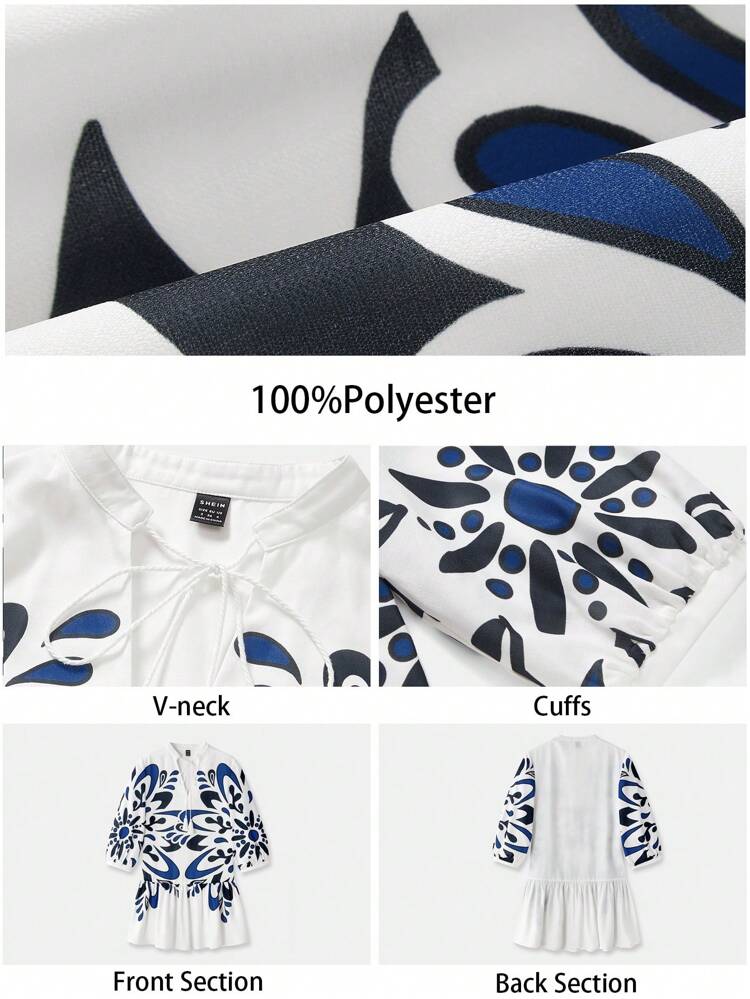 SHEIN Maija Women's Multi-Color Blue & White Contrast Color Lace Patchwork Summer Vacation Casual Fashion Design Comfortable Loose Mandarin Collar Drop Shoulder 3/4 Sleeve Tie Neck Tassel Hem Asymmetric Pattern Elegant Ladies Dress All-Match Summer Clothing For All Seasons, Modern Holiday Fashion Design, Comfortable Beach Beach Clothing, Bohemian Style, Isabi Island Holiday Wear, Summer Dopamine Holiday Wear, Ins Same Style Holiday Style, Exotic Atmosphere, Country Concert, Western Style Clothing