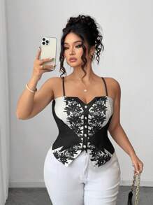 Elenzga 女式加大码短款高腰修身黑白花卉印花吊带背心，优雅适合通勤、约会、派对等场合，春夏季