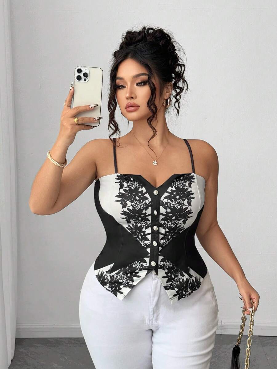 Elenzga 女式加大码短款高腰修身黑白花卉印花吊带背心，优雅适合通勤、约会、派对等场合，春夏季