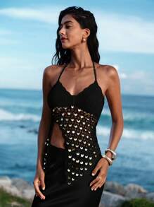 Opulessa 女士夏季亮片镂空露背无袖针织短款上衣，海滩度假风格 - 黑色 - 查看 6