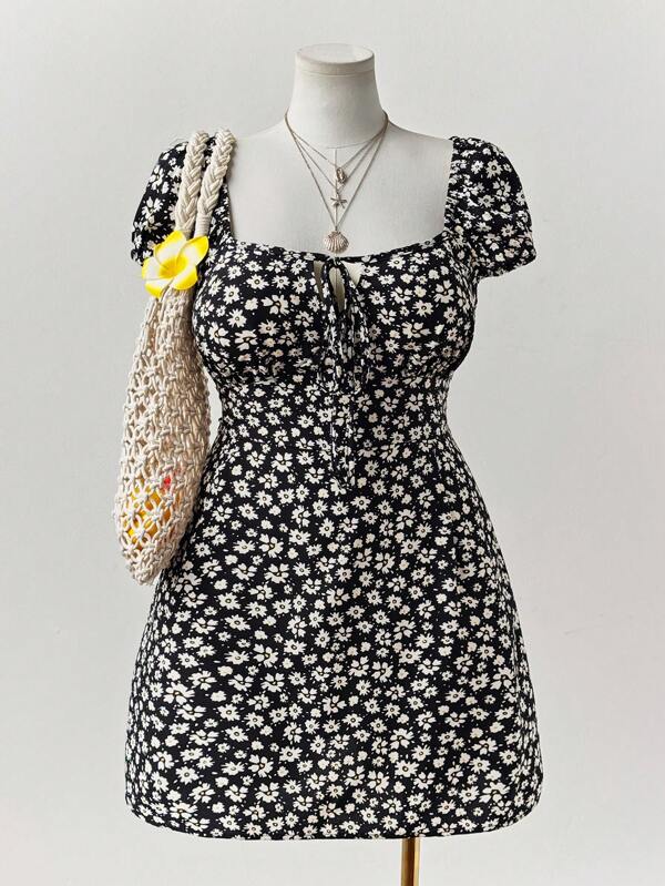 Sunspun Vestido de línea A de manga corta con volante y estampado floral pequeño, de moda, informal, apropiado para playa, vacaciones y uso diario