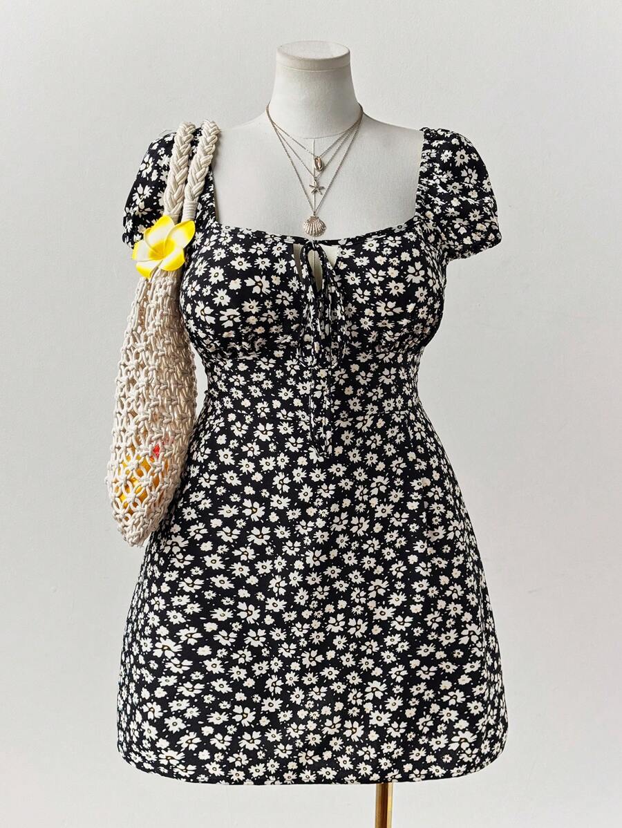 Sunspun 时尚迷你碎花荷叶袖 A 字连衣裙，休闲适合海滩、度假和日常穿着 - 彩色 - 查看 1