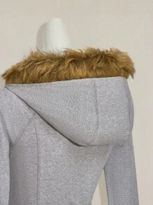 SHEIN ICON Slim Fit Faux Fur Patchwork Hooded Jacket For Women In Fall/Winter - Grey - View 6