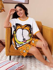 GARFIELD | SHEIN Bộ đồ ngủ tay ngắn in họa tiết hoạt hình cỡ lớn và quần short - Nhiều màu - Xem 5