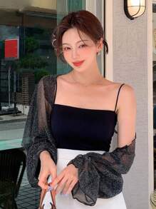 DAZY Solid Flounce Sleeve Top,Ruffle Sheer,Back To School Clothes - Black - View 3