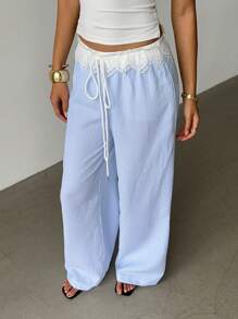 Siren Gaze Women's Lace Ruffle Waisted Loose Blue And White Striped Straight Casual Pants, Beach Pants, Summer Wide Leg Pants Summer Trousers Low Rise Pants Vacation Outfits Woman