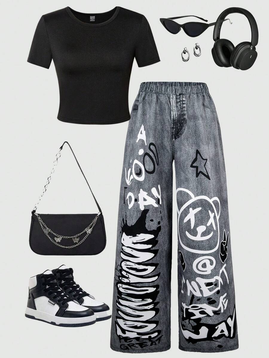 Conjunto de camiseta de manga corta negra con estampado de letra inglesa y estrella negra + pantalón negro para mujer, 2 conjuntos a juego de madre e hija (se venden por separado)