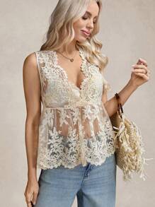 SHEIN LUNE Bohemian Clothes Beach Outfits For Woman Western Wear Women Sheer Top Women Tops - Khaki - View 3