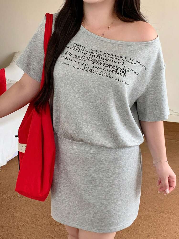 Dazy Plus Plus Size Letter Print Off Shoulder Short Sleeve Cropped Sweatshirt Mini Dress,Casual Women Dresses