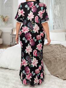 Plus Size Elegant Floral All-Over Print House Dress, Moo Moo Sleep Dress - Black - View 2
