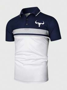 Manfinity Homme 男士休闲公牛图案撞色短袖 Polo 衫，夏季