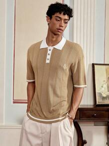 SWAVVY Men's Casual Letter Embroidered Short Sleeve Knitted Top, Summer - Khaki - View 1