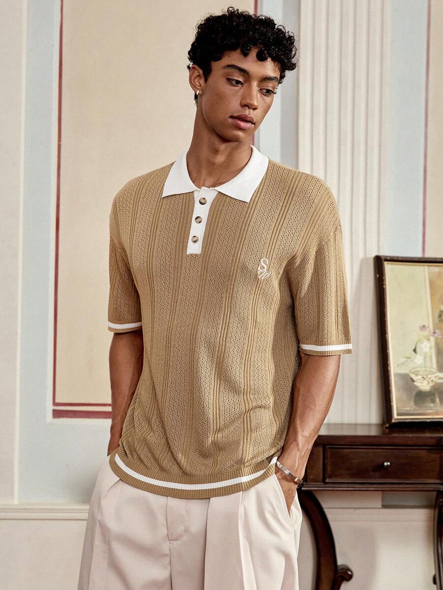 SWAVVY Men's Casual Letter Embroidered Short Sleeve Knitted Top, Summer - Khaki - View 1