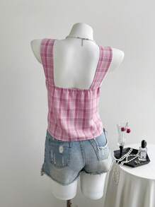 SHEIN Unity Women's Playful Check Print Tie-Up Shirt - Pink - View 2