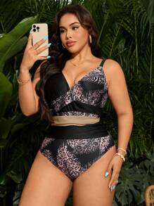 SHEIN Swim Curve Plus Size Women's Leopard & Leaves Print Patchwork One-Piece Swimsuit For Summer Beach Vacation - Multicolor - View 1
