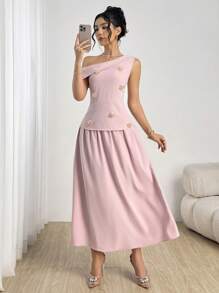 Modelyn Set de 2 piezas compuesto por top ajustado y falda con decoración floral con lentejuelas y strass, cuello asimétrico, para mujer, de verano, elegante - Rosa - Ver 7