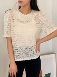 DAZY Women's Romantic Floral Petal Decor Round Neck Short Sleeve Blouse