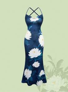 The White Lotus Vacation Lotus Print Draped Open Back Cami Dress For Women