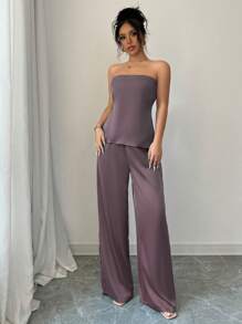 INAWLY Women's Solid Color Minimalist Daily Strapless Top And Pants 2-Piece Set,Ladies Casual Asymmetrical,Backless Sleeveless Slim Fit Dusty Purple Pants Women Two-Piece Outfits,Spring/Summer,Casual Daily Wear - Dusty Purple - View 6
