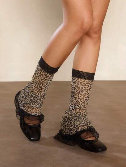 Grunge Punk 1 par de calentadores de piernas con estampado de leopardo marrón inspirado en Y2K, calentadores de piernas de encaje con diseño de volantes de lunares multicapa, calentadores de piernas de encaje y organza de subcultura únicos
