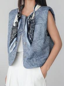 Dazy-Less Women's 2 Pieces Set: Loose Fit Plant Ditsy Floral Jacket With Scarf Decor, Casual/Business Commuter Elegant Office Wear, Spring, Summer, Autumn - Blue - View 3