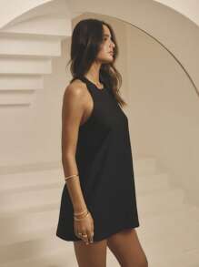 Aralina 宽肩带甜心领合身腰部纹理面料夏季度假装女式迷你连衣裙 - 黑色 - 查看 4