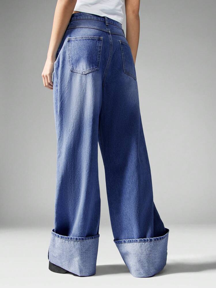 MISSGUIDED 데님 와이드 레그 하이웨이스트 턴업 헴 팔라조 진