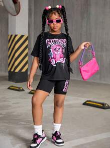 SHEIN Conjunto de 6 piezas de estilo informal para niñas preadolescentes con camiseta estampada con oso, coche de carreras y letras, y shorts de ciclista en 2 piezas