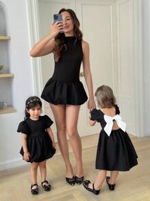 SHEIN Babygirl 可爱夏季优雅黑色宽松短袖连衣裙，母子装（2 件单独出售）