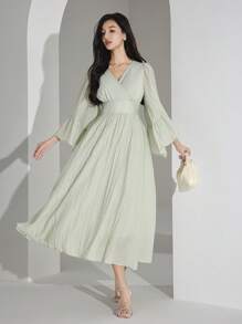 Heiryn 女士 V 领长款纯色日常连衣裙 - 灰綠 - 查看 5