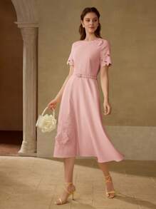 MOTF PREMIUM EMBROIDERY FLORAL PATTERN BUCKLE BELTED DRESS - Pink - View 4