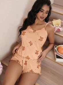 2 件月亮和星星泰迪熊印花撞色荷叶边吊带背心和短裤睡衣套装 - 彩色 - 查看 5