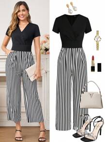 Ellevyn 女士新款时尚优雅 V 领收腰修身条纹连体裤，通勤、工作、休闲皆宜 - 黑與白 - 查看 1