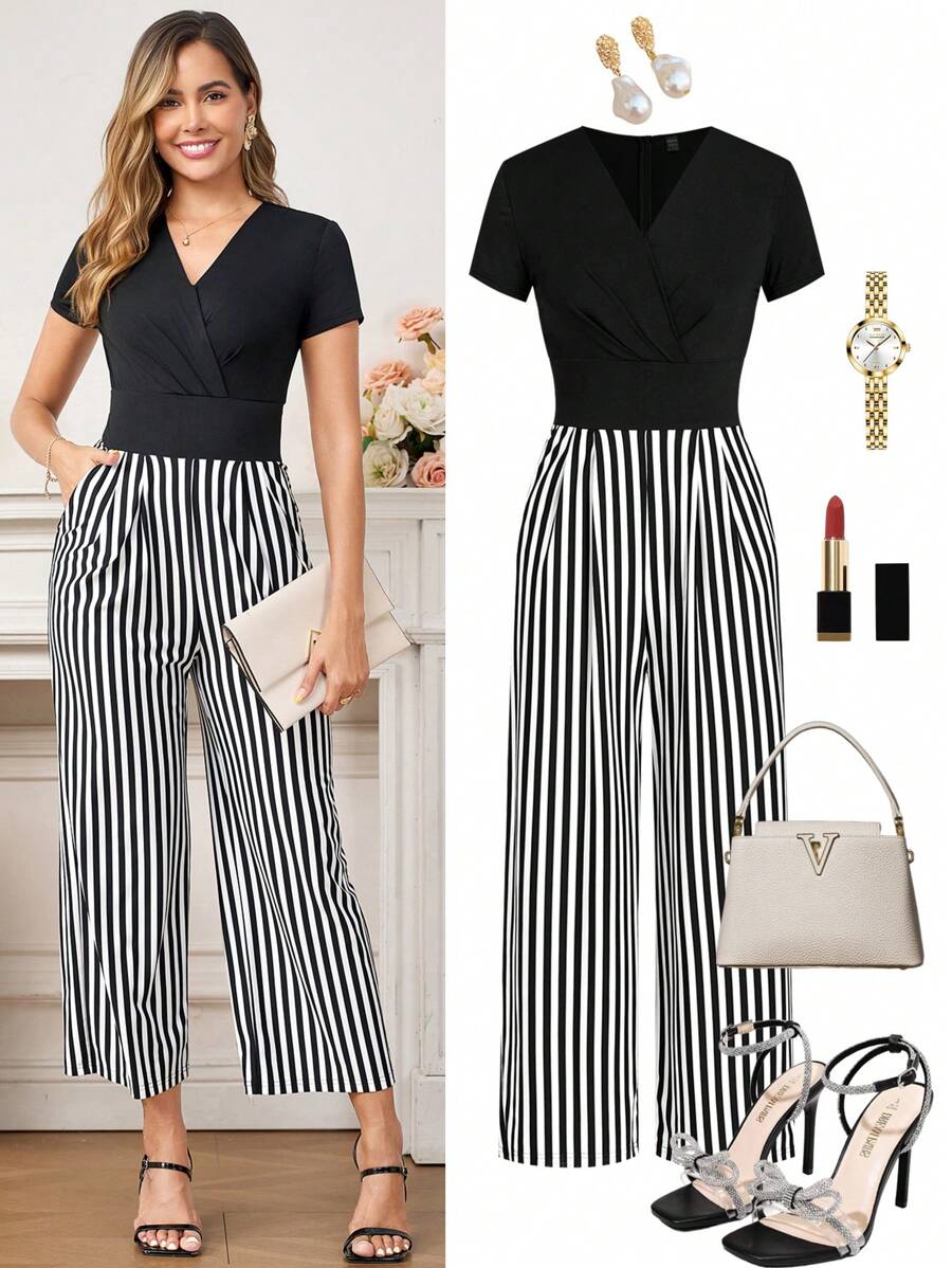 Ellevyn 女士新款时尚优雅 V 领收腰修身条纹连体裤，通勤、工作、休闲皆宜 - 黑與白 - 查看 1
