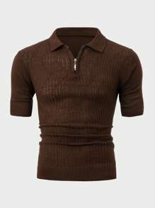 RueChic Men Textured SS Fashion Half Zipper Regular Polo Shirt - Brown - View 2