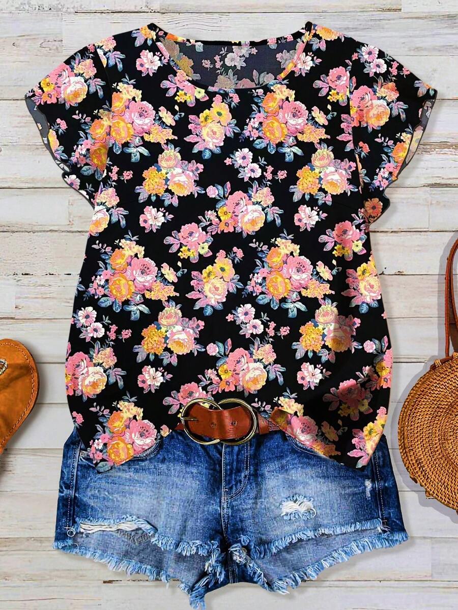 SHEIN LUNE 大码女式圆领花卉印花休闲夏季衬衫 - 粉色 - 查看 1