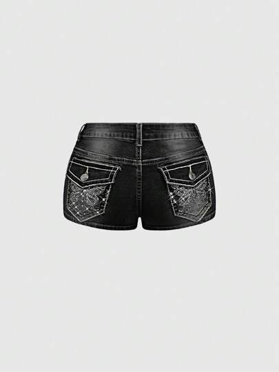 J-Fashion Shorts vaqueros súper cortos y de talle súper bajo con bordado de mariposa, tachuelas y efecto desgastado vintage para mujeres