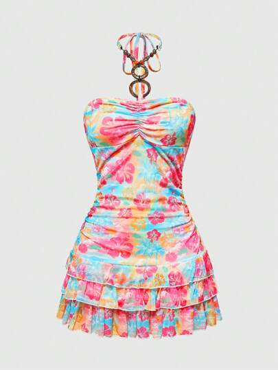 ROMWE Avant Y2K Hawaii Vacation Hibiscus Flower Print Mini Mesh Cake Skirt Dress For Women