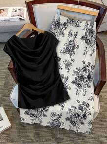 SHEIN Clasi 2件套女士加大码休闲无袖上衣和印花A字裙 - 黑色 - 查看 7