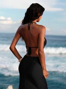 Opulessa 女士夏季亮片镂空露背无袖针织短款上衣，海滩度假风格 - 黑色 - 查看 2