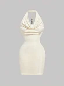 SHEIN MOD Plunging Neckline Cinched Waist Open Back Metal Buckle Decor Bodycon Dress - Apricot - View 1