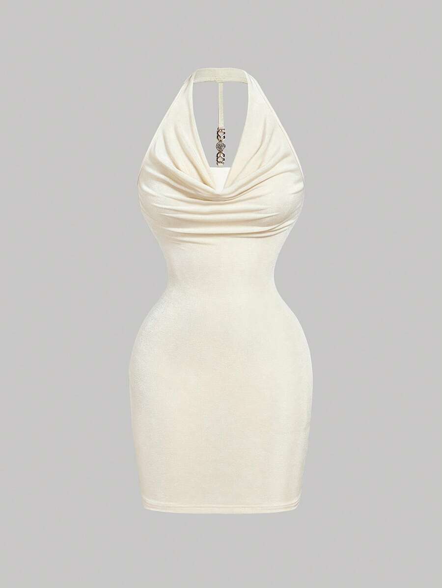 SHEIN MOD Plunging Neckline Cinched Waist Open Back Metal Buckle Decor Bodycon Dress - Apricot - View 1