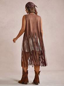 Freevana Autumn/Winter Brown Tassel Bohemian Style Country Music Festival Long Sleeveless Women Casual Coat Vacation Outfits Woman Vacation Outfits Woman