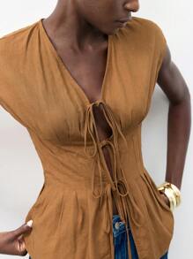 Maija 女式 V 领蝴蝶结前腰收褶棉麻休闲简约波西米亚风格海滩度假上衣，纯色，夏季 - 棕色 - 查看 5