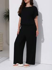 SHEIN EZwear Plus Size Black Textured Jumpsuit, Spring/Summer