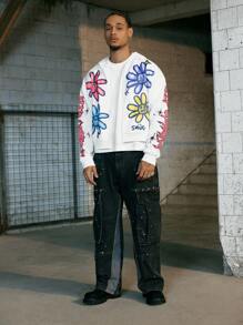 PAVTROS Manfinity Streetrush Manfinity Streetrush 男士花卉印花拉链连帽休闲运动衫拉链连帽衫 Y2k 花朵连帽衫，男士街头潮流图案连帽衫，嘻哈街头，男友礼物，男士图案连帽衫，男士街头潮流，秋冬 - 彩色 - 查看 3