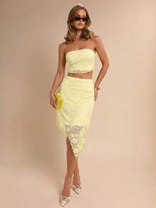COSMINA 2pcs Women's Elegant Lace Vacation Tube Top & Yellow Skirt Set, Wedding Season, Spring/Summer