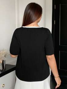 Dazy Plus 撞色圆领蝴蝶结装饰短袖针织上衣 - 黑色 - 查看 2