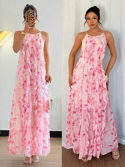 Breezaya Elegant Holiday Ruffle Strap Fitted Floral Print Long Dress For Women, Casual/Daily Wear, Spring/Summer