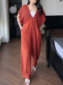 Dazy Plus 加大码褶皱宽松拼布长款连体裤，返校服